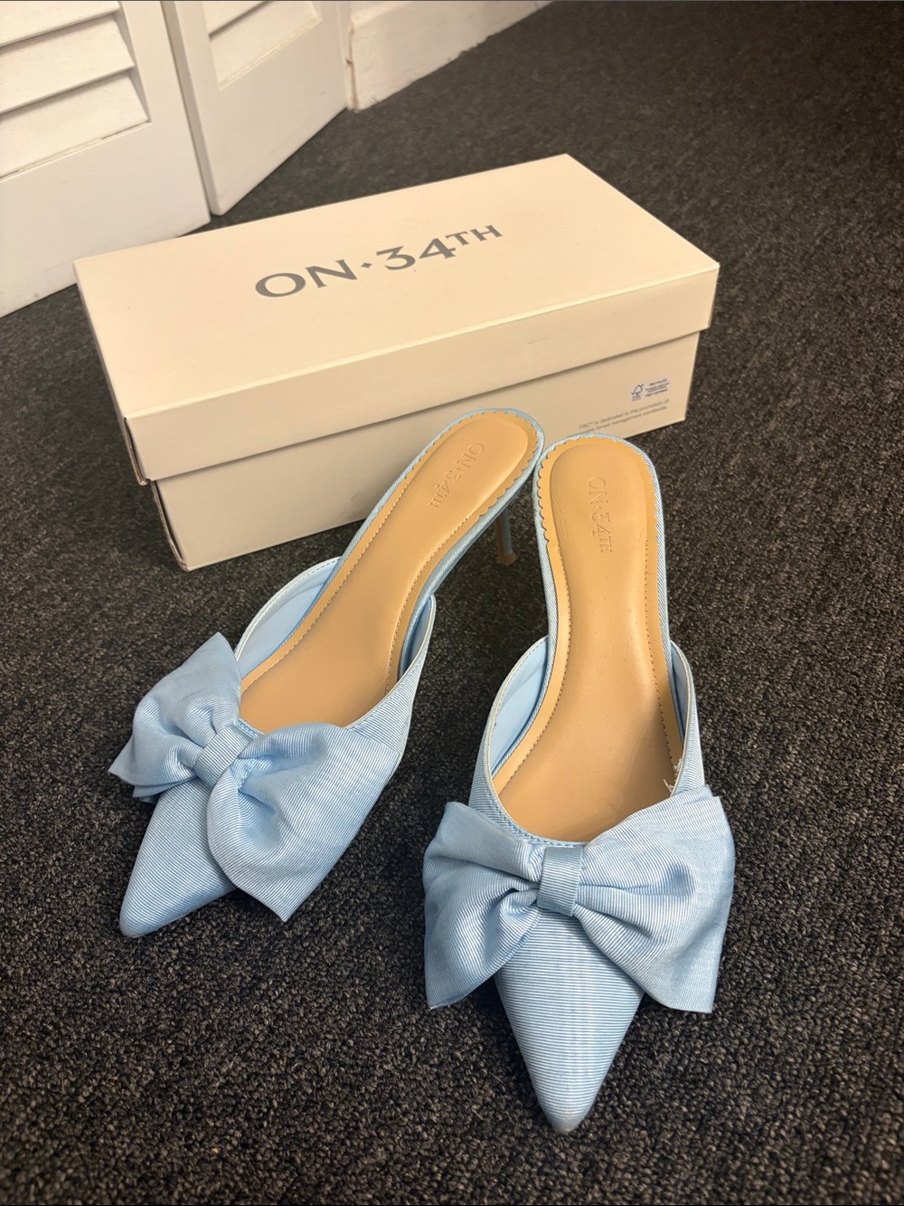 On 34th Light Blue Pointed-Toe Bow Mules